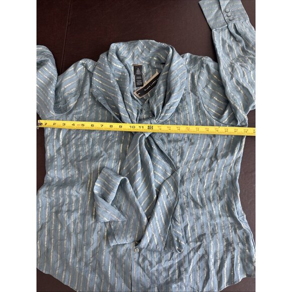 Chicos Black Label Metallic Striped Teal Button-Down Blouse With Tie Neck Size 2 - Picture 9 of 12